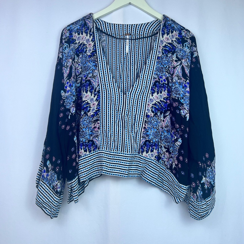 Free People Floral Striped Kimono Blouse Black Blue V-Neck Wide Sleeve Size M